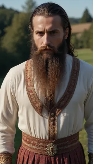 (2/3 sideview, far from a wide distance), wide angle, high quality textures, photorealistic, high resolution photograph, 8k details, score_9, score_8_up, score_7_up, sharp focus, masterpiece, perfect eyes, highest quality, ultra-detailed images, fine details, high resolution, 8k, hyperrealism, hard shadows, a A mixture of Baden, Westphalian, and Swiss, male, long full beard, man, full body view, dress