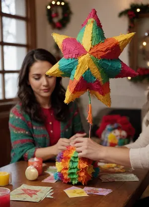 (at a Christmas posada a woman decorates a festive piñata:1.3), (seven-pointed star piñata:1.2), (27-year-old Mexican woman), (decorating the piñata with crepe paper:1.1), (hand holding papers:1.2), (a Mexican woman decorates a seven-pointed star piñata on a table at a posada)