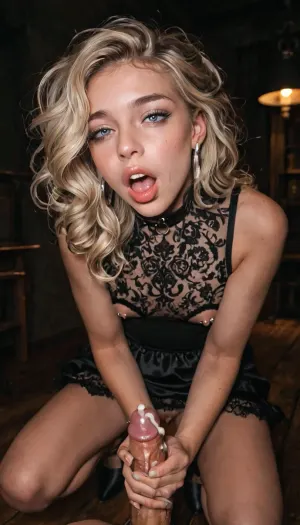 POV, (she likes being as slave), (she love being as hooker), perverted, kinky, whore, (shemale:1.4), (Trans woman:1.4), (futanari:1.2), ((femboy)), ((sissy boy)), androgynous face, slender face, slender body, small tits, play nipple, (squatting on floor), a tight black lace dress top, sleeveless, nipple piercing, (ahegao:1.2), ((she hold her penis as hand job)), (she jerk off her penis with a hand), solo, perfect hand position, perfect penis position, (lot of cum from her penis), dark room, dark, dim lighting