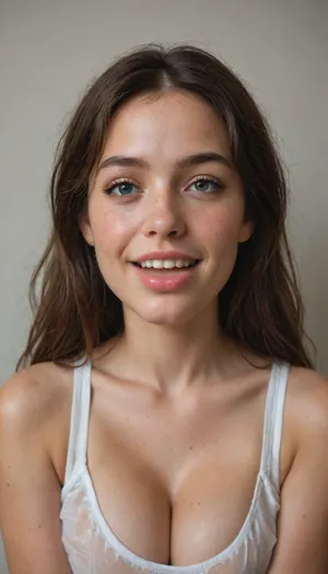 Masterpiece, Real, realistic, realism, score_8, (Chinese girl), solo, SOFT natural saggy large_breasts, squeezed cleavage, squeezed breasts, (square_face), round chin, small nose, big bright smile, large mouth, open mouth, tongue out, bucked teeth, natural teeth, uneven teeth, (tiny_eyes), beady eyes, short thin eyebrows. very long fringes, oily hair, no makeup, freckles, pimple, acne. Sleeveless transparent uniform. Bad, dirty. Low quality photo, dim, dark, grainy.