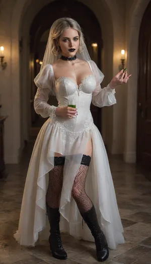 Cinematic, high-fidelity 3D character portrait of a stylized horror doll resembling Tiffany Valentine. The character features a sharp, straight short bob of platinum blonde hair accented with distinct black streaks throughout. She has a highly detailed porcelain-like face with dramatic goth makeup, heavy dark smokey eyeshadow, long thick lashes, and deep burgundy-black lipstick. She is wearing a classic white lace wedding gown with intricate floral patterns, puff sleeves, and a black velvet choker with a silver heart charm. The doll has a curvy, hourglass silhouette as seen in the films. She is holding a realistic dark green champagne bottle with a gold-foil top. Full-body shot including black fishnet stockings and leather boots. Background is a moody, dimly lit Victorian room with soft bokeh, captured in 8k resolution, Unreal Engine 5 style, with dramatic rim lighting and sharp textures.