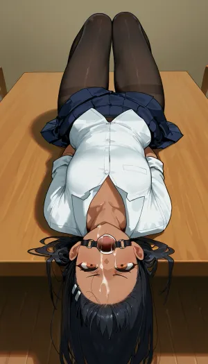 white collared shirt, pleated skirt, angry, Hayase Nagatoro, black pantyhose, 1girl, tied, tied arms, tied legs, solo, cum on face, lying on table, ring gag, open mouth gag, head back, lying back, upside down