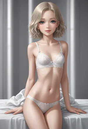 The image shows a young woman with medium dirty-blonde hair, smiling. She is wearing a white silk and lace bra and panties set. Graceful, slender, sculpted legs. skinny and anorexic body, The light falls on her, creating soft lighting. young, fresh faced, just out of school