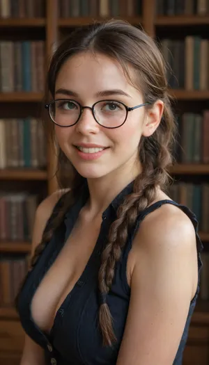 Masterpiece, Real, realistic, realism, score_7, (Chinese girl), solo, large_breasts, ((round plump face)), very wide smile, large mouth, best smiles, bucked teeth, uneven teeth, small eyes, (strabismus), white eyes, (thick frame), (nerd spectacle), thin eyebrows. very long fringes, oily hair, blush, makeup, rosy lips, freckles, pimple, acne. Sleeveless uniform, (unbuttoned), exposed cleavage, Side profile photo, half body, meetyan, 1girl, black, eyes, glasses, black-framed, eyewear, round, long, hair, bangs, blunt, sidelocks, single, braid, twin, braids, braided, ponytail, sleeves, dress, puffy, gloves, juliet, bookshelf, indoors, library, smile, evil, <lora:meetyan:2>