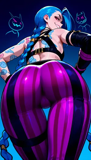sk_comic, (Arcane style, style of Arcane, style of League of Legends:.8), , (Jinx:1.4), long blue hair, braided hair, low angle view, from behind, looking back, sexy pose, thigh gap, tight outfit, seduction, intimate, sensual , intense sexual tension, crazed smug grin