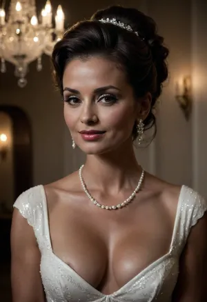 high resolution, high quality, dark scene at night, closeup of face, elegant middle aged woman, seductive smile, large pearl choker around neck, long pearl necklace down cleavage, large pearl earrings, pierced nipples, (brunette Hair in elaborate updo:1.4), (standing model posing, (wedding dress:1.2), (white wedding dress:1.2), white sequined dress:1.5), nipslip, nipple edges are visible, (wedding veil:1.3), (white lace gloves), very cute, out of focus colorful flowers in a romantic indoor background, indoors, holding flowers, bellissima, clothes, downblouse, cr1st4n1c0l3, <lora:LesFemmesXL_v1.0:1.5>, <lora:dark:.4>, <lora:RealDownblouseXL2:1>, <lora:Crista_Nicole:1.3>