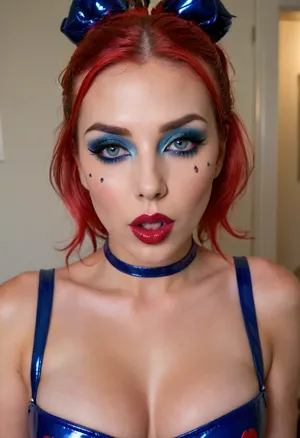 Stunning photo, 8k, highest quality, wide viewing angle, detailed face, insanely attractive face, 20 yo, bimbo slut, blue latex nurse costume, red hair, high ponytail, ((glossy black lipstick with a dark blue outline)), ((heart-shaped cutouts for nipples and pussy)), ((syringe in Hand)), transparent plastic micro bikini, I'm not cute, I'm not a girl, I'm a naughty slut, I suck big dicks, I fuck in a point, my pussy is locked., ((I inject into the penis)), dark green eye shadow, microbikini, makeup, eyeliner, eyelashes, <lora:microbikini_sdxl_1:.8>, <lora:Modern_MakeUp_XL_v0_1:.8>