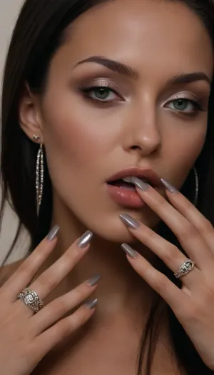 Long straight black hair, spreading pussy lips, (perfect manicured very long polish nails:1.6), (she wear lots of silver rings in every finger:1.5), close view focused on face and finger rings, very horny female, model pose, lusty, thick nipple, long nipple, dark nipple, ((she is touching bitting one finger:1.2)), high pony tail, tanned skin, belly piercing, 1 slutty girl, natural perky breasts, long straight hair, slim, green eyes, natural lips, neck silver rings, silver bracelet, very long manicured nails, narrow transparent cloth, opened pelvic curtain, lots of silver jewelry, solo, harem, slave, royal drawing room, (hairy trimmered pubis), show pussy, spread legs, masturbation, slutty face, horny, dark nipples, very perky nipples, fingers spreading pussy, <lora:Detailed_female_hands-000001:1.2>