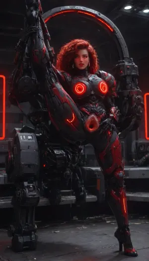 Princess Ariel, (robotic black mech red neon glowing armor:1.9), futuristic plasma-gun, spaceship interior, (hyper spread pussy, hyper gaping pussy, doing standing gymnastics), <lora:Mecha_Ggorgeous_Armor-000011:1>
