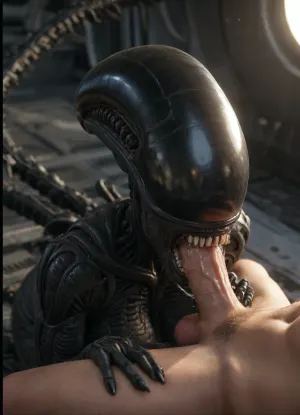 masterpiece, best quality, absurdres, highres, high quality, highly detailed, ((alien female, Character, xenomorph anthro woman)), (((thick outlines, black outline))), 1girl, xenomorph, alien, monster, very black skin, black skin, sharp teeth, no eyes, (female xenomorph deepthroating a big dick male human), deepthroat, oral sex, pinned human, (theme), saliva trail, open mouth, naturally huge breasts, spiked tail, tall female, huge ass, wide hips, thick thighs, curvy, hunting, detailed background, spacecraft, science fiction, dark, dark lighting, HDR, detailed lighting, volumetric lighting, shadow