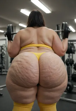 ultra realistic, Canon EOS pro shot, Gigantic wide hips, (chubby, obese, square body, fat, cellulite:1.4), (plump, obese, ssbbw, pear shaped body:1), ultra realistic photography, at the gym, pastel yellow leggings, smiling, happy, wet body, sweating, too fat to carry weights, thick thighs, massive fat ass, humping, ultra realistic background, (long straight black hair:1.4), (((maximum details))), action shot, gigantic ass, chunky, crazed, <lora:Image Enhancer XL Extreme v1:.6>, ac3fus1on, artstyle, <lora:ac3fus1on:.8>, intricate details, lights and shadows effects, <lora:Adjust_SDXL_v3.0:2>