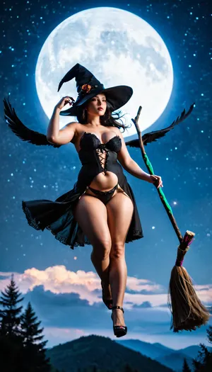 High-quality, highly detailed, cinematic, 8K, HD photo, MASTERPIECE.

A sexy, sensual, chubby, (plump, thin waist), witch, white skin, long black hair, mysterious, (((flying on a broomstick through the night sky))), full moon shining intensely in the background, mystical atmosphere, detailed silhouette against the moonlight, cinematic composition, high level of detail, dramatic lighting, fantastic art, witch in 4K, flying against the moon on a broomstick, sexy outfit, witch's hat, medium-sized bare breasts, flying, action.