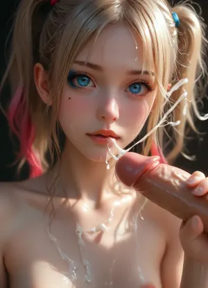4k, ((Harley Quinn)), man in front of girl, white cock, erection, handjob, milking huge cumshot from huge black cock, excessive semen on face, (cumshot:1.4), excessive semen dripping from penis, semen, on, face, Dynamic view, dynamic pose, realistic XHyperreal Max Quality High detail, oriental temple, (Skinny, slim, ultra slim naked body:1.2), (tiny breasts:1.2), naked, young, sweet, cute, gorgeous Highlights, yui ohtsuki, ultra flirty, sexiest cutie, abigail williams from Fate, lillie from Pokemon, seductive facial expression, narrow hips, bangs, (messy hair in a ponytail), tempting, sexy, blue eyes, seductively satisfied, exhausted, aroused face, perfect lips, tanned, soft skin, puffy nipples, very sweaty skin, black background, black room, nudity, SDXL_BetterFaces-LoRA_v1, .5>, (music_), <lora:Oxygen girl_SDXL1.0:1>, <lora:MJ52:.7>, <lora:BUT_SDXL_SHS:.1>, 1girl, blonde, scary, <lora:Halloween Series_ Harley Quinn_epoch_10:.8>