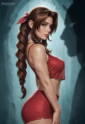 solo, side view, 3/4 view, looking at viewer, ((Aerith)), athletic figure, gigantic boobs, nipple bulge, (reiq artstyle), breasts, silhouette, <lora:breasts silhouette XL:1>