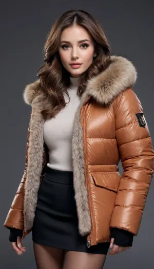 masterpiece, amazing quality, newest, absurdres, highres, highly-detailed, detailed face, glossy hair, down jacket, fur trim, skirt, pantyhose, simple background