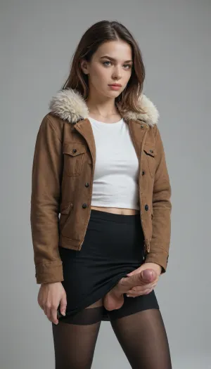 masterpiece, amazing quality, newest, absurdres, highres, highly-detailed, detailed face, glossy hair, down jacket, fur trim, skirt, pantyhose, simple background, futanari, mastrubation, erect penis, hard penis, sagging testicles, veiny cock, leaking precum, throbbing cock