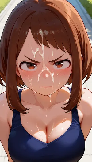 Ochako uraraka, Look a viewer, frown, face covered cum, cum on face, facial cum, angry expression, walking, outdoor, Model, fully clothed, selfie