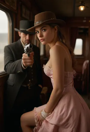 1female, 1male, Create a photorealistic, high-resolution, (robbery scene inside a late 19th-century Wild West train:1.5), In one compartment, a young woman lifts her dress and exposes her vagina while being robbed by a male dirty outlaw, she is 22 years old, sits delicately in a pastel pink dress, pink pussy, wearing white silk gloves. She gazes to a male unkempt outlaw, a 35-year-old male outlaw, exuding a dangerous and seductive aura, he’s clad in a rugged outfit, (with a revolver drawn:1.5), poised to rob the young woman, The contrast between the innocent young lady and the bold outlaw creates a dynamic tension in the scene. The train’s interior should be richly detailed, highlighting the textures of their clothing, the tense atmosphere, and the contrasting personalities., focusing on the textures of her clothing, the elegance of her accessories, and the dynamic atmosphere inside the train, (maximum detail), (super realistic photo:1.4), cloudy, smoke, atmospheric, clouds, fog, panties, pulled, to, side, pussy, shaved, QuarterCup, <lora:MJ52:.6>, <lora:Cloudy_Style:.8>, <lora:Pussy_pants_nohands_D03_realvizXL2_bucket_01-000010:1.4>, <lora:QuarterCupXL:.8>