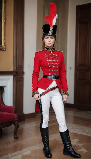 girl, hussar, red hussar short jacket, high red Hussar shako, white leather leggings, black lace-up boots