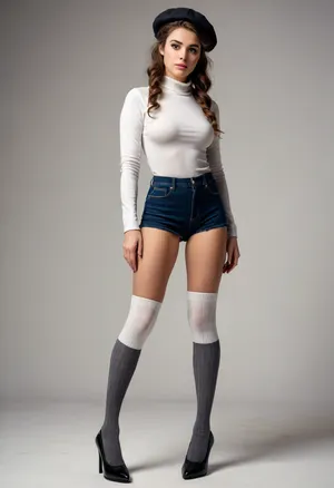 18 century, full body view of a 29 years old adult woman, dressed in knee-high socks and high heels, ultra-sharp details, realistic skin texture, refined contrast, 8k detail, authentic facial expression, clean composition, (maximum photo quality:1.4), (maximum resolution:1.5), white background