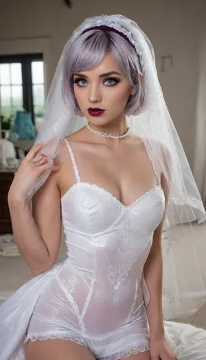 photo realistic, ((masterpiece)), ((best quality)), 8k, high detailed, ultra-detailed, detailed face, Stunning photo, highest quality, high viewing angle, 19 years old, insanely attractive face, I am a very bad depraved girl. I stretch my anus using special tools and equipment to produce large amounts of milk., (makeup:1.3), unreal blue eyelashes
my breasts swell, they overflow with milk, the nipples enlarge and the milk begins to flow, I connect a special device for collecting milk, ((dark purple lipstick with a bright burgundy lip outline)), (short haircut with bangs, shiny platinum hair), (((serial number stamp and QR code))), glitt3r, white, thighhighs, (short, hair:1.7), hair, on, one, eye, frills, puff, sleeves, (white, bridal, dress, veil:1.5), <lora:glitt3r:2>, <lora:Nier_Automata_2B_White_Wedding_Dress_Bride_Cosplay_Realistic_LoRA:1.4>