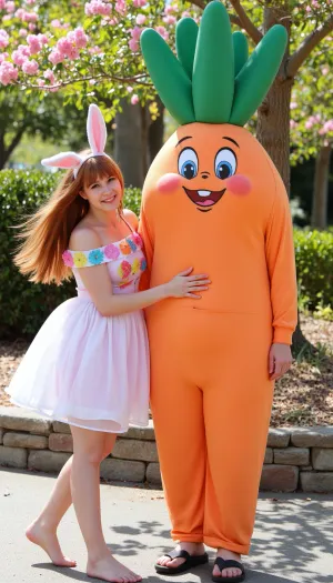 photorealism, realism, beautiful, mischievous, laughing redhead cosplayer, with long hair and bunny ears, in Bugs Bunny costume, wearing a summer dress with floral print, standing next to a male cosplayer, wearing a carrot costume, on the background of a brightly blooming park area, realistic, highly detailed, natural bright lighting