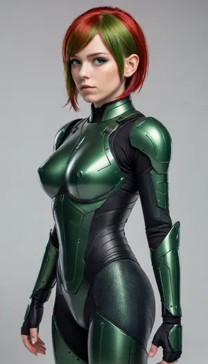 head to toe image of an android girl full dark green plastic full body armor with green and red hair in a long pixie cut hair seen from the 3/4 side, luminescent Bright Green eyes, all white background, d-cups, <lora:220437_training_data:.5>, <lora:Venus_Body_Alpha:.5>