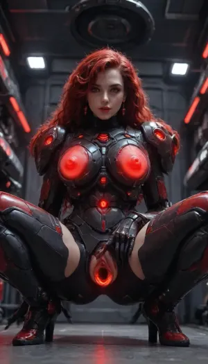 Princess Ariel, (robotic black mech red neon glowing armor:1.9), futuristic plasma-gun, spaceship interior, (hyper spread pussy, hyper gaping pussy, squat), <lora:Mecha_Ggorgeous_Armor-000011:2>
