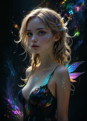 Beautiful heavyset blonde fairy, age ~50, visible age lines and natural wrinkles, standing in a moonless field at midnight, multicolored translucent fairy wings, pitch-black night sky exploding with visible galaxies, swirling nebulae, and star clusters like cosmic neon patterns, luminous spirals and radiant starbursts streaking across the heavens, vibrant blues, purples, golds, and whites glowing against deep black space, soft starlight casting a gentle glow onto her face, close-up portrait framing face and a single glowing neon purple flower in her hand, long flowing blonde hair caught in the wind, elegant gothic black dress with luminous rainbow neon outlines, neon trim softly illuminating her face and upper body, dramatic chiaroscuro lighting, small glowing blue and silver neon vain tracings over her body, low-key cinematic contrast, ethereal and mystical atmosphere, small glowing fairies hovering nearby, ultra-realistic, neon style, fantasy realism, high detail, sharp focus, dark fantasy aesthetic, (large sagging natural breasts), (breasts overflowing dress), xsgb, <lora:zavy-cntrst-sdxl:1.6>, <lora:MJ52:1.2>, <lora:Neon_Style_XL:1.2>, <lora:xsgb:.6>, PENeonUV, blacklight, neon, <lora:PE_NeonUV Style:.8>