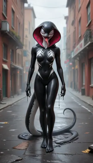 Solo, 1girl, full body view, (Spider-gwen anthro Venom-symbiote face, Crying, tears are black slime, Pointed teeth, ((Long Snake like tongue)), singular Venom Eye), dripping black slime., Snake tectured. Anthro snake lower body turing into a very long tail. No legs but a snake tail, (Like Jin and Yang, left half her face is normal the other is anthro Venom-symbiote:1.2), ., black ral-melting, <lora:ral-melting-sdxl:.8>