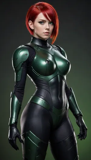 head to toe image of an android girl full black and dark green plastic full body armor with green and red hair in a long pixie cut hair seen from the 3/4 side, luminescent Bright Green eyes, all black background, d-cups, <lora:220437_training_data:.5>, <lora:Venus_Body_Alpha:.5>