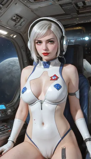 solo, full body, white hair, short hair cut, hair clip, red lipstick, eyeshadow, long eyelashes, lot of freckles, flirting, one Cyborg arm, Nuka Girl from Fallout 4, astronaut on moon-like alien surface, headset, (astronaut helmet), spacesuit, unzipped spacesuit, unzipped crotch showing open cameltoe pussy, bushy white pubic hair, vum flowing, cumshot, nipple bulge, sitting in cockpit of spaceship, low gravity, (cum flying in low gravity), earthrise in background, dark space, Milky Way, (reiq style, in artstyle of Melkor Mancin), score_9, score_8_up, score_7_up, <lora:cartoon_stickers_xl_v1:.8>, <lora:ratatatat74-000050:1.3>, <lora:cfg_scale_boost:.8>, D.Va, <lora:DiVa-SDXL:.8>