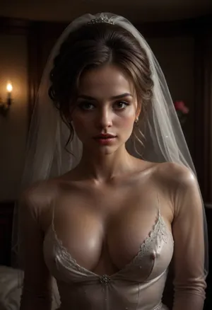 high resolution, high quality, dark scene at night, closeup of face, elegant middle aged woman, nipslip, seductive smile, large pearl choker, pearl necklace, large pearl earrings, (Hair in elaborate updo:1.4), (standing model posing, (long-sleeved see-through wedding dress:1.2), (wedding veil:1.3), very cute, seductive smile, out of focus colorful flowers in a romantic bedroom in background, indoors, bellissima, clothes, Curvy, body, l!nds@y, 1girl, long, hair, brown, eyes, freckles, breasts, seethru), bellissima, Curvy, body, downblouse, braless, Wearing, clothes, that, make, sense, with, Braless>, <lora:LesFemmesXL_v1.0:1.5>, <lora:dark:.4>, <lora:b8174d41-8ba7-4318-bc14-53ee7e353d91.TA_trained:.6>, <lora:RealDownblouseXL2:.3>, <lora:bralessSDXL_v1_00022:1.2>