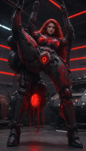 Princess Ariel, (robotic black mech red neon glowing armor:1.9), futuristic plasma-gun, spaceship interior, (hyper spread pussy, hyper gaping pussy, doing standing gymnastics), <lora:Mecha_Ggorgeous_Armor-000011:1>