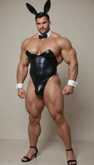 Crossdressing, man, playboy bunny, Arab, middle eastern, handsome, Bunny ears, bulge, big muscles, bodybuilder. Oversized bulge. Black leather. Rubbing bulge. Cum stains. Leaking cum. Semen stains. Strapless leotard. Tan skin. Dark skin tone. Bodybuilder, big pecs, oversized arm muscles. Oversized pecs. Big chest. White collar. Black bow tie. White cuffs. Fishnets. High heels. Arabian. Bunny tail. Arab man.