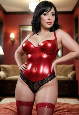 (((full body view))), huge tubular breasts, ((sexy 42 yo)), .extrem curvy. very black asia hooker with very black bobcut straight slicked hair, in a brothel room, shiny red Metallic latex dress, black latex lace stockings, (((oiled body))), dominant look, big boobs, huge tits, nice belly, spread, legs, almond-shaped slit eyes, fat ass