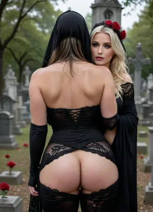 (2girls), Dark Fantasy Art of 2 lesbian girls, full body view from afar distance, standing, bbw widow, 70 yo age, woman in a black lace headscarf covering her head, black veil, she holding red rose in hand, massive sagging breasts, visible relief areolas, dark, moody, dark assassins fantasy style, (cemetery background), (cemetery ceremony), (many people in black clothes around:1.4), (black lace assassins crotchless bodysuit), (black stiletto heels), (crotchless:1.4), (big cellulite butt), back view, style, massive, uberfit, muscular, athletic, platinum hair, woman, sagging, breasts, <lora:SDXL_MassiveCowsLoRA_v1:.9>, <lora:uberfit_lora_sdxl:.9>, <lora:topless v1a_fro0.95:.9>, <lora:tbh69-sdxl:2>