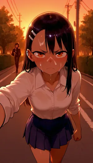 Hayase Nagatoro, Look a viewer, frown, face covered cum, cum on face, facial cum, angry expression, walking, outdoor, Model, fully clothed, selfie