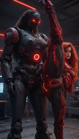 Princess Ariel, (robotic black mech red neon glowing armor:1.9), futuristic plasma-gun, spaceship interior, (hyper spread pussy, hyper gaping pussy, doing standing gymnastics), <lora:Mecha_Ggorgeous_Armor-000011:1>