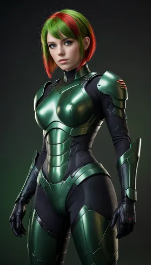 head to toe image of an android girl full dark green plastic full body armor with green and red hair in a long pixie cut hair seen from the 3/4 side, luminescent Bright Green eyes, all black background, d-cups, <lora:220437_training_data:.5>, <lora:Venus_Body_Alpha:.5>