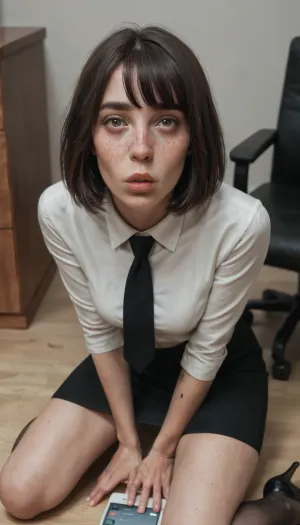 (mature woman Anna 40 years old, (dark straight medium bob hair with bangs), (thin narrow triangular face, narrow long nose, feint small amount of freckles across nose, thin narrow lips, dark grey eyes, caucasian, no makeup), petite skinny body, (skinny:1.3), no tattoos), look a viewer, shocked, face covered cum, excessive cum on hair, projectile cum, ejaculation, raising straight hand to block the viewer, blocking the view, facial cum, kneeling, in office, fully clothed in a business suit and skirt, white blouse, nude stockings, heels, in phone screen