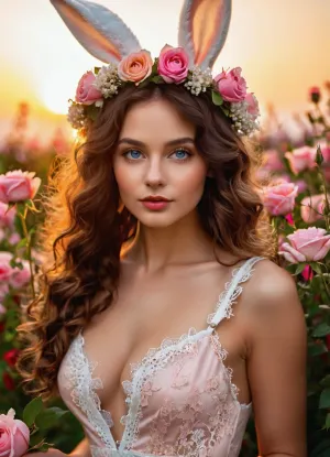 (charming young sexy woman with unusual expressive facial features), (close-up portrait:1.2), (rabbit cosplay:1.1), (rabbit ears fully in frame:1.2), (dark, shiny curly hair:1.1), (realistic skin:1.2), (detailed facial features:1.1), blue shining eyes, detailed bright plump lips, (rabbit ears:1.2), (flower wreath:1.1), (pink roses:1.1), (tiny white flowers), (delicate lace dress:1.1), (pink and cream colors), (deep neckline), delicate shades, (blurred background of wildflowers:1.2), (depth of field), bokeh, golden hour, (soft natural lighting), sunlight, (artistic photography), 8k, detailed, exquisite.