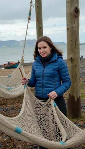 photorealistic, realistic, Icelandic fisherwoman fixing a fishing net on the seashore, highly detailed, cinematic lighting
