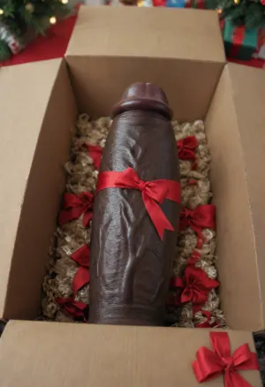 ((a huge circumcised black cock inside a gift box, (big black dick inside a gift box))), ((dick in a box)), bbc, big red bow tied around shaft