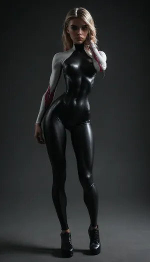 (((18 years old))), (((young))), (spider girl Gwen Stacy), Braided side Side Cornrows white Hair, (seductive shy face), (tied platform high shoes over her thighs), (seductive sexy pose), ((tight outfit)), (athletic body:1.5), (athletic abs and legs:1.1), (hip gap:1.3), wide hips, (narrow waist:1.6), (white hair), (view from front:1.6), standing into the office, (makeup), ((pussy cameltoe:1.4)), (wet oiled clothes), (makeup:1.4), (oiled skin:1.7), ((wet tight bodysuit:2)), hand, 1girl, (athletic ass), (high detailed face:1.5), dim lights, (hard nipples:1.3), (big perky boobs:1.1), (chiaroscuro lighting:.3), <lora:HandFineTuning_XL:1>, <lora:MGLRbodysuit_sdxl:.6>, <lora:uberfit_lora_sdxl:.4>, <lora:dark:.3>, <lora:M0llY_PARK3R-000001:.8>