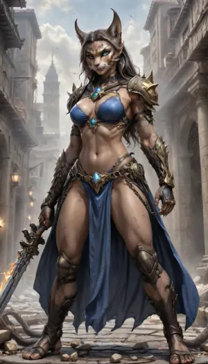 charactor card for TTRPG Guilded frame, Marvel comic Style Cover Art Concept for Elyndra, The Wind Vanguard, (photorealistic), World of warcraft art style Visual Elements, Main Character – Egyptian style female human cat hybrid warrior, (world of warcraft art), wearing sexy blue and goild bikini armor. Her loincloth flowed with the slightest move or step she took hanging off her hips. silver chains decorates her arms and thighs as well. Her feet were dressed in sandals with straps, (comic book style), standing on a pile of bones and rubble, apocalyptic background, standing at edge of colossal underground abyss, glowing Hash-Nass hive below shaped like a malignant star, scale emphasizing inevitability and threat STYLE LOCK, (Epic dark fantasy illustration, mythic science-fantasy tone, painterly realism, Luis Royo inspired, dramatic lighting, high contrast, rich textures, flowing fabrics, ancient technology disguised as divine artifacts, cinematic composition, ultra-detailed, sharp focus, no modern elements, no text, no watermark), high contrast black and white, only one character, no horns, braided, Art, by, Boris, Vallejo, feline_hybrid, furry, <lora:Mecha_Ggorgeous_Armor-000011:1.3>, <lora:Braided_Sides_V1:1.8>, <lora:Fantasy_art_XL_V1:1.4>, <lora:Realistic_Feline_Hybrids:1.6>