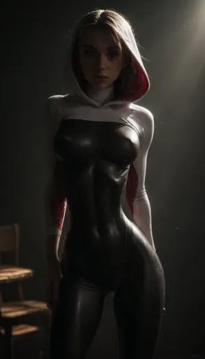 (((18 years old))), (((young))), (spider girl Gwen Stacy), Braided side Side Cornrows white Hair, (seductive shy face), (bright lighting and high exposure of her face and body:1.5), ((tight outfit)), (athletic body:1.3), (athletic abs and legs:1.3), (hip gap:1.3), wide hips, (narrow waist:1.6), (white hair), (view from front:1.6), sitting into the office chair, (makeup), ((pussy cameltoe:1.3)), (wet oiled clothes), (makeup:1.4), (oiled skin:1.7), (wet tight bodysuit:1.8), hand, 1girl, (athletic ass), (high detailed face:1.5), dim lights, (hard nipples:1.3), (big perky boobs:1.4), big breast, (chiaroscuro lighting:.3), <lora:HandFineTuning_XL:1>, <lora:MGLRbodysuit_sdxl:.6>, <lora:uberfit_lora_sdxl:.4>, <lora:dark:.3>, <lora:M0llY_PARK3R-000001:.8>
