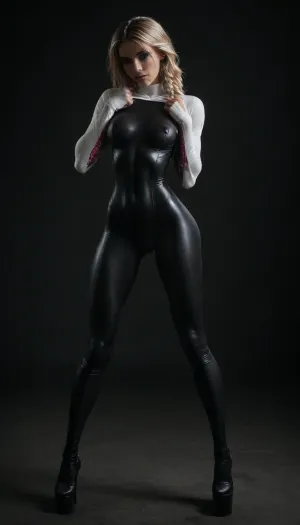 (((18 years old))), (((young))), (spider girl Gwen Stacy), Braided side Side Cornrows white Hair, (seductive shy face), (full body view:1.3), ((tied high platform boot)), (seductive sexy pose), ((tight outfit)), (athletic body:1.5), (athletic abs and legs:1.1), (hip gap:1.3), wide hips, (narrow waist:1.6), (white hair), (view from front:1.6), standing into the office, (makeup), ((pussy cameltoe:1.4)), (wet oiled clothes), (makeup:1.4), (oiled skin:1.7), ((wet tight bodysuit:2)), hand, 1girl, (athletic ass), (high detailed face:1.5), dim lights, (hard nipples:1.3), (big perky boobs:1.1), (chiaroscuro lighting:.3), <lora:HandFineTuning_XL:1>, <lora:MGLRbodysuit_sdxl:.6>, <lora:uberfit_lora_sdxl:.4>, <lora:dark:.3>, <lora:M0llY_PARK3R-000001:.8>