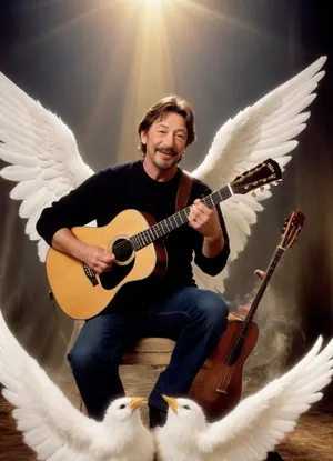(((Chris Rea in heaven))), angels either side of him, two angels, one either side, playing their harps, Chris Rea is playing his guitar, everyone is smiling, a warm friendly picture