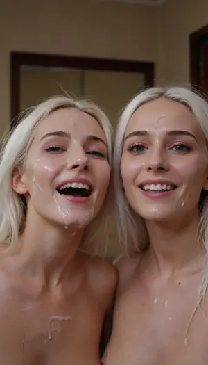 Man pov, Two hot very tall and very skinny lithuanian women, very cute shocked faces, standing posing with their faces covered in cum, long messy white hair, they are smiling, long shot, rounded small breasts, they are looking at the camera, looking at viewer, cum is spraying on their faces, very pretty shy faces, 8k resolution, hyper realistic, well drawn face, dynamic, woman, cum, on, face, <lora:JustCum:1.8>